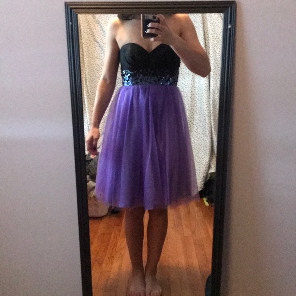 Strapless junior prom beaded purple/black dress